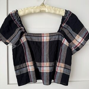 Club Monaco Black Plaid Off-Shoulder Blouse women’s small